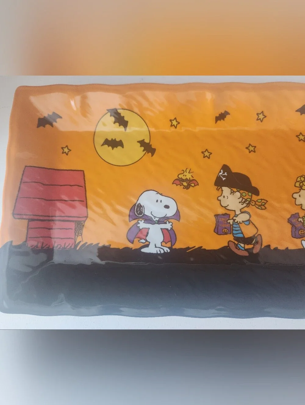 Peanuts Halloween Trick-or-Treat Table Plastic Platter - Orange & Black 19 X 8in